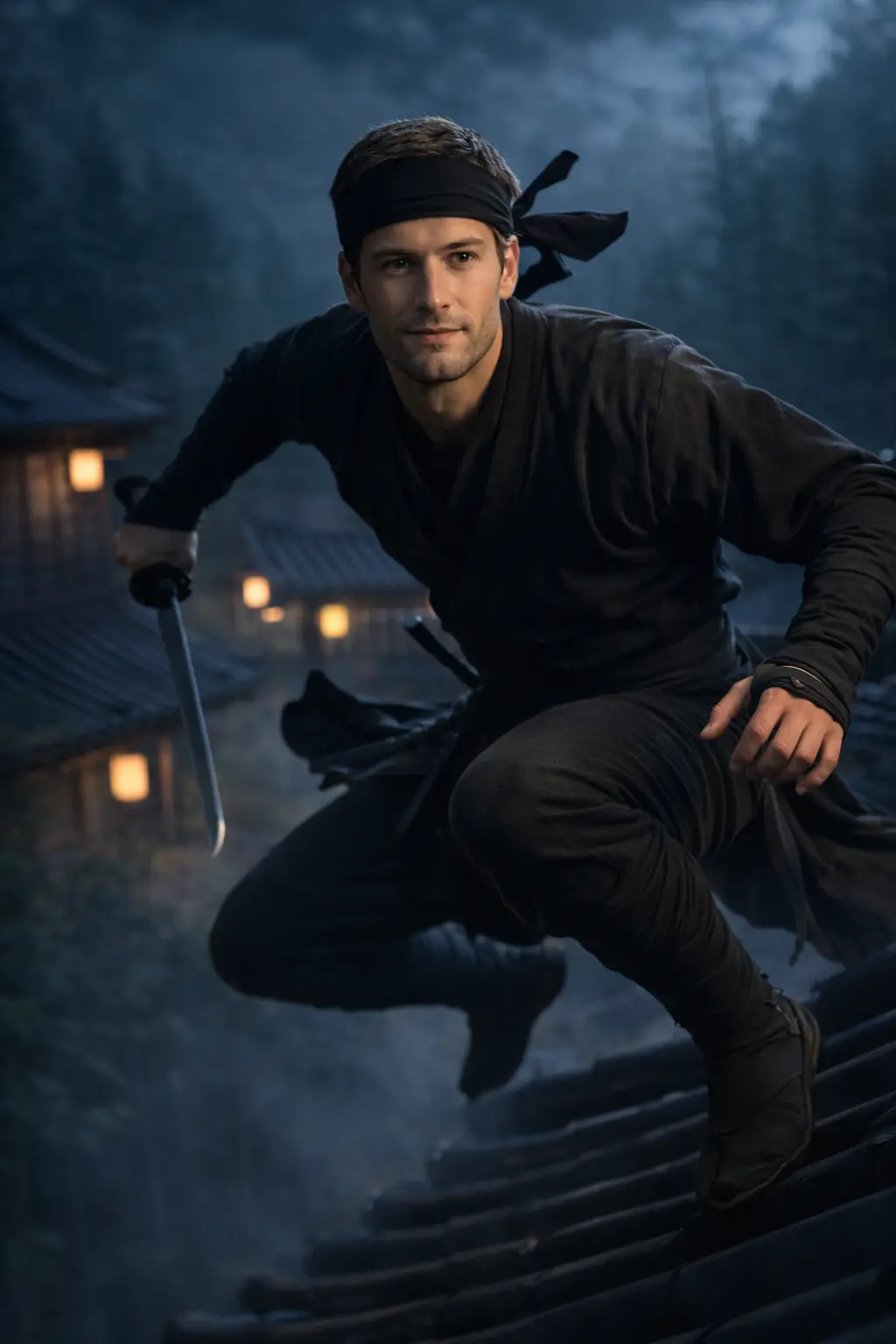 Using the uploaded image as the identity reference, transform the same person into a traditional Japanese ninja from the Edo period.

IMPORTANT: The face must be fully visible and uncovered.
Do NOT cover the face with masks, scarves, shadows, or cloth.
Keep the same facial features, skin tone, jawline, nose, eyes, and expression clearly recognizable as the original person.

Outfit: Authentic shinobi shozoku ninja clothing, dark black and charcoal tones, layered fabric, wrapped forearms and legs, fitted but flexible. No face covering. Only a light head wrap or tied bandana that leaves the entire face visible.

Action pose: The ninja is in a dynamic stealth action, mid-movement. Choose one automatically: mid-air leap between rooftops, crouched landing with one hand touching the ground, fast side-dash with fabric flowing, or drawing a katana while stepping forward. Body posture must show motion, tension, and agility, not standing still.

Lighting: Cinematic nighttime lighting with clear face illumination. Soft moonlight illuminating the face from the front or side, subtle warm lantern light adding facial highlights, strong rim light outlining the body and clothing. The face must be bright, sharp, and clearly visible.

Environment: Nighttime feudal Japan setting such as rooftops, bamboo forest, or temple courtyard. Add light fog or mist and motion blur only on clothing edges, not on the face.

Style: Ultra-realistic, cinematic, high contrast, dramatic shadows, highly detailed fabric textures, realistic skin tones, shallow depth of field, film-quality lighting.

Camera: Three-quarter body shot, slightly low angle, dynamic framing.

No modern objects, no text, no face blur, no mask, no face covering. Face fully visible, uncovered, unobstructed, well-lit, identity clearly preserved.